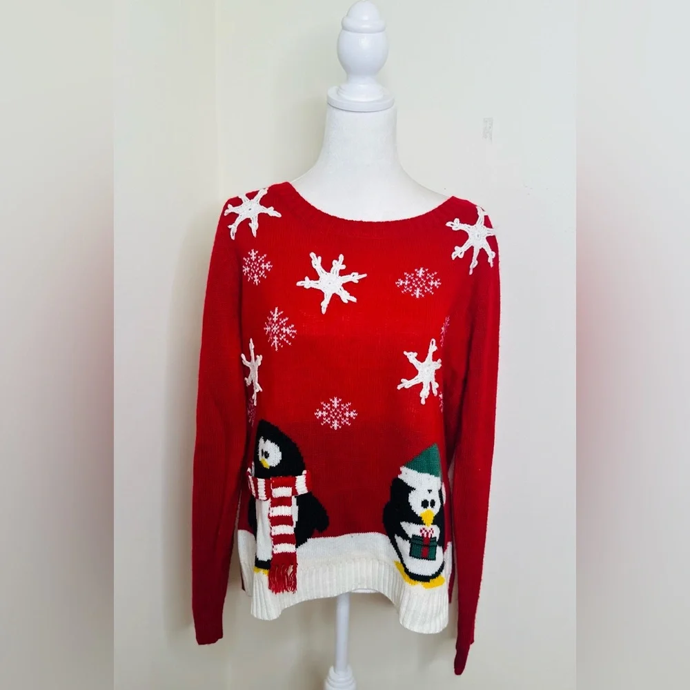 Karen Scott Red Penguin Snowflake Sweater - Picture 1 of 5